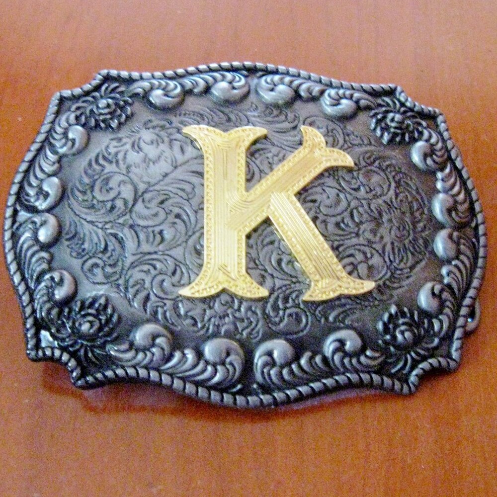 Gold K - Western Style WMG Belt Buckle Metal Pewter Color w Goldtone K Buckle